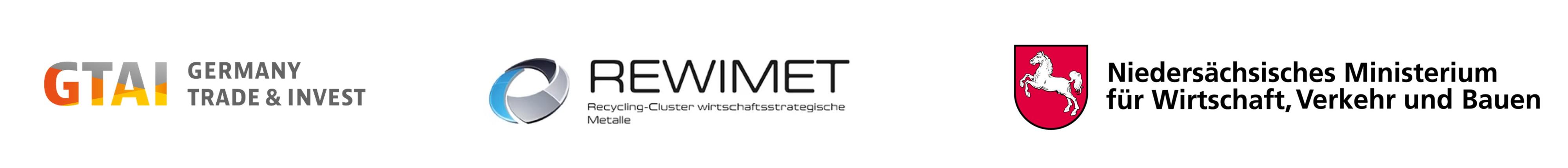 Partnerlogos Clustervermarktung: GTAI | Rewimet Recycling Cluster | Niedersächsisches Ministerium für Wirtschaft, Verkehr und Bauen