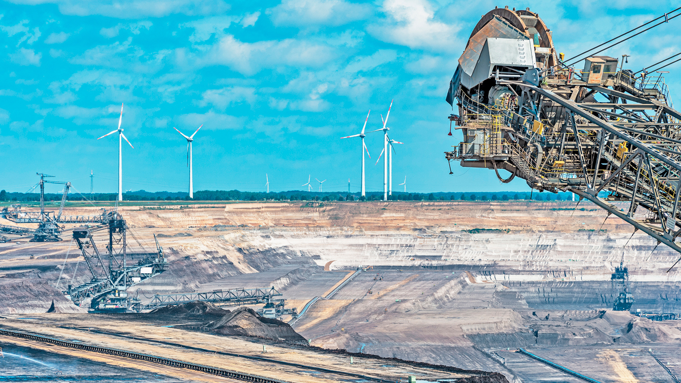 Garzweiler surface mine with wind turbines in background, North Rhine-Westphalia, Germany