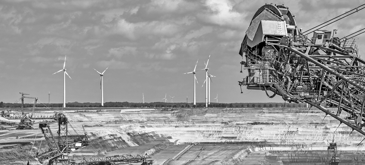 Garzweiler surface mine with wind turbines in background, North Rhine-Westphalia, Germany
