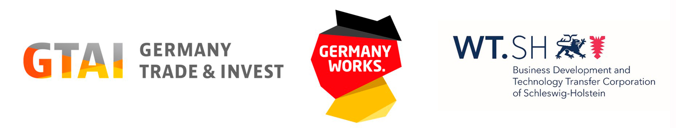 Partnerlogos GTAI + Germany Works. + WTSH Wirtschaftsförderung und Technologietransfer Schleswig-Holstein