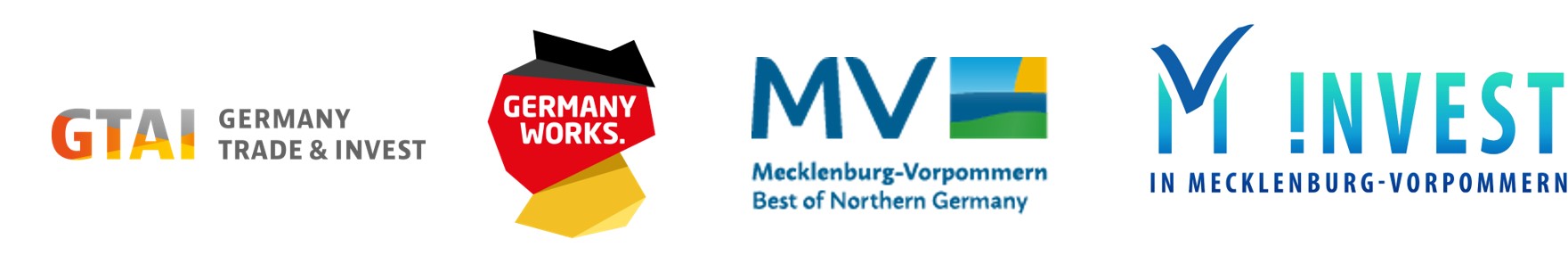 Partnerlogos Inbound-Delgationsreise: GTAI | Germany Works | MV Mecklenburg-Vorpommern | Invest in Mecklenburg Vorpommern | © GTAI | Germany Works | NRW.Global Business Partnerlogos Inbound-Delgationsreise: GTAI | Germany Works | Federal State of Mecklenburg-Vorpommern | Invest in Mecklenburg Vorpommern GmbH