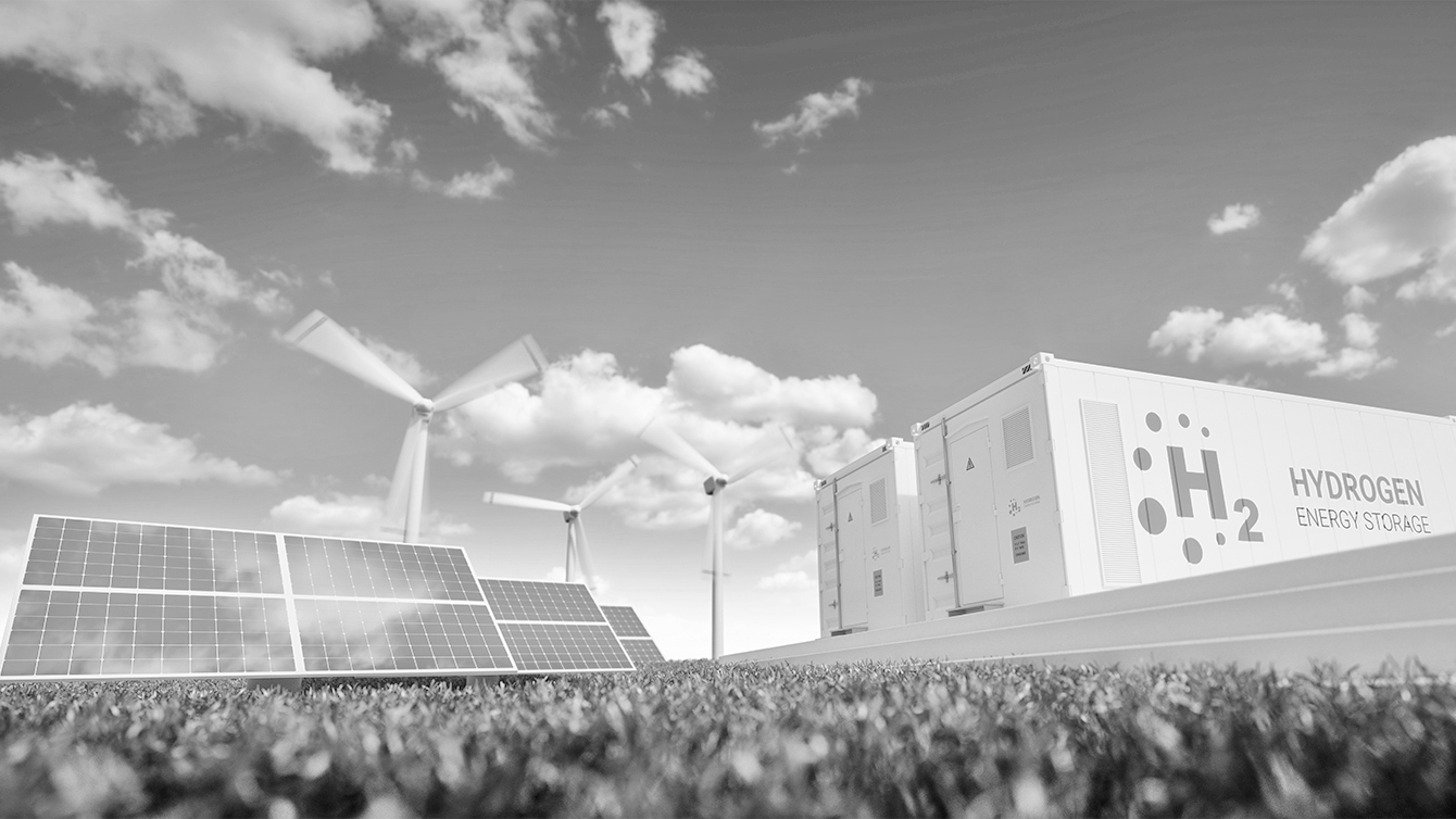 Ecology energy solution. Power to gas concept. Hydrogen energy storage with renewable energy sources - photovoltaic and wind turbine power plant in a fresh nature. 3d rendering. ©GettyImages/Petmal