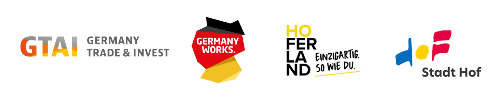 Partnerlogos GTAI + Germany Works. + Hofer Land + Stadt Hof | © GTAI/Saxony Trade & Invest/Landkreis Hof/Stadt Hof Partnerlogos GTAI + Germany Works. + Hofer Land + Stadt Hof