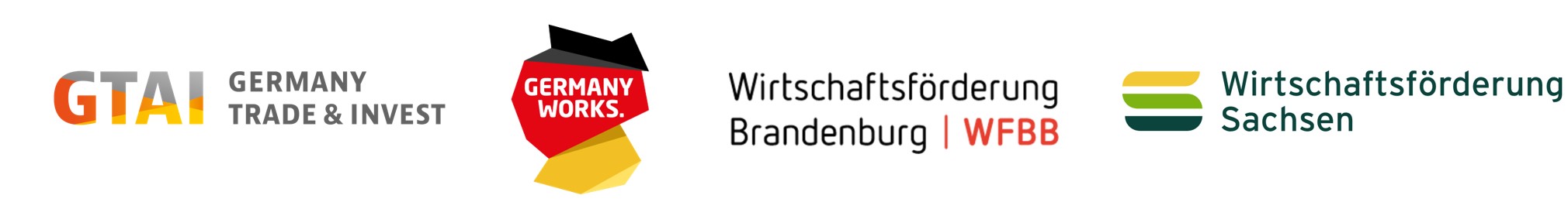 Partnerlogos Clustervermarktung: GTAI | Germany Works | WFBB | Wirtschafsförderung Sachsen | © GTAI | WFBB | WFS Partnerlogos Clustervermarktung: GTAI | Germany Works | WFBB | Wirtschafsförderung Sachsen