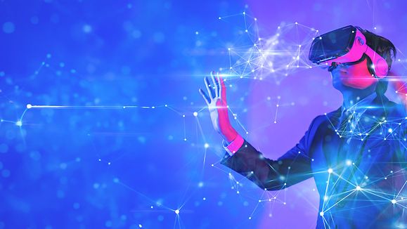 Metaverse digital cyber world technology, man with virtual reality VR goggle playing AR augmented reality game and entertainment, futuristic metaverse gameFi NFT game ideas