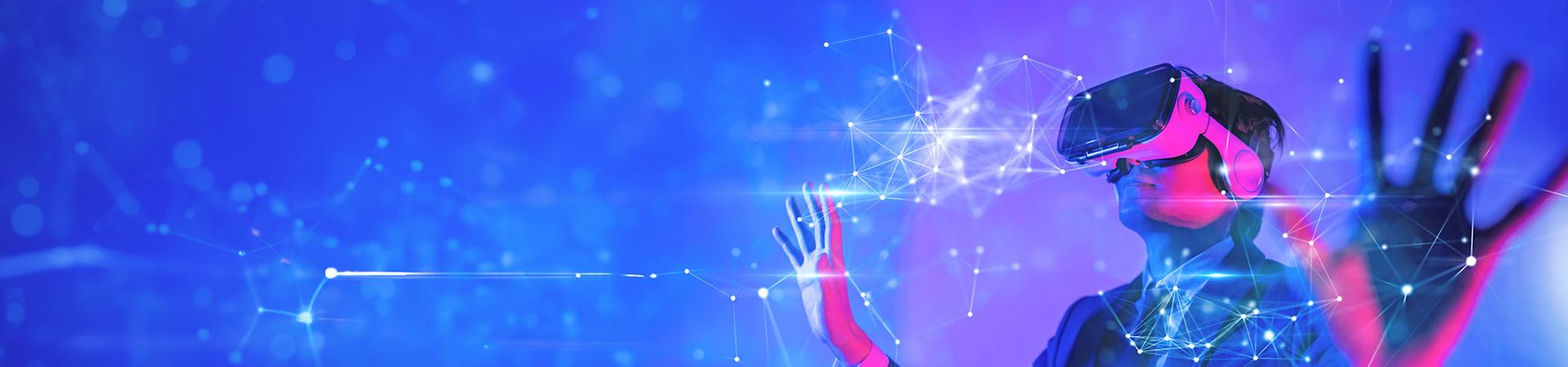 Metaverse digital cyber world technology, man with virtual reality VR goggle playing AR augmented reality game and entertainment, futuristic metaverse gameFi NFT game ideas