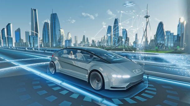 Shot of a Futuristic Self-Driving Van Moving on a Public Highway in a Modern City with Glass Skyscrapers. Beautiful Female and Senior Man are Having a Conversation in a Driverless Autonomous Vehicle.
