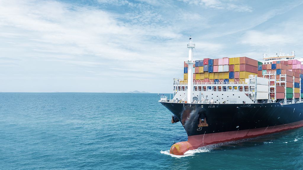 Cargo container Ship, cargo vessel ship carrying container and running for import export concept technology freight shipping sea freight by Express Ship. front view