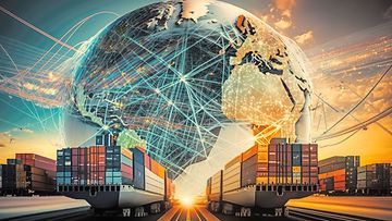 AI Generated Global Freight Network Abstract 3D rendering of a global freight and shipping network, featuring cargo planes, ships, and trucks connecting continents, generative ai