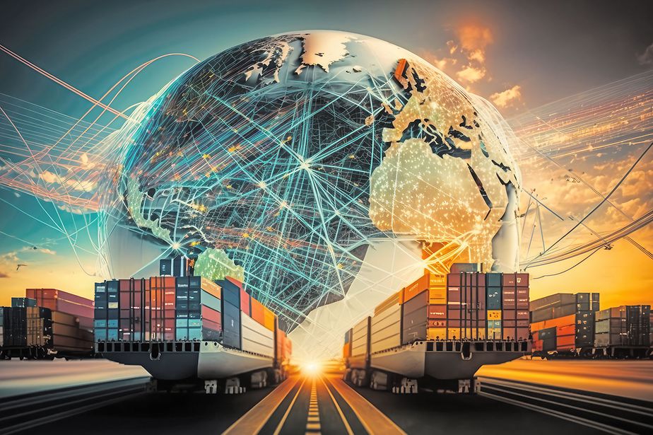 AI Generated Global Freight Network Abstract 3D rendering of a global freight and shipping network, featuring cargo planes, ships, and trucks connecting continents, generative ai