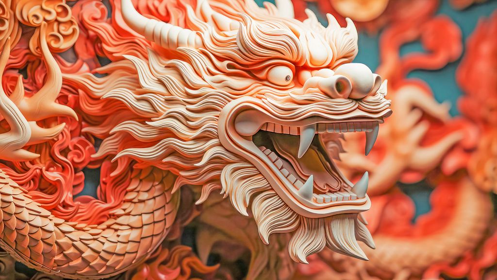 AI Generated Exquisite Chinese dragon figurine captured in vibrant reds and whites, embodying festive New Year's spirits.