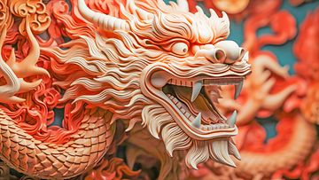 AI Generated Exquisite Chinese dragon figurine captured in vibrant reds and whites, embodying festive New Year's spirits.