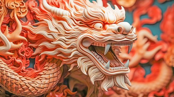 AI Generated Exquisite Chinese dragon figurine captured in vibrant reds and whites, embodying festive New Year's spirits.