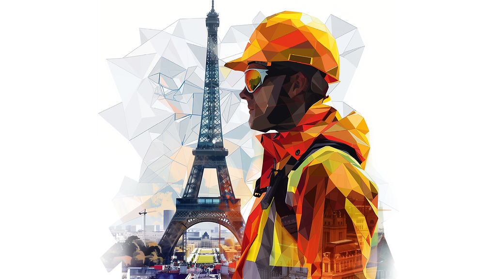 Illustration eines Arbeiters vor dem Eiffelturm in Paris.