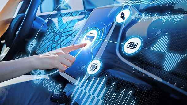 futuristic vehicle and graphical user interface(GUI). intelligent car. connected car. Internet of Things. Heads up display(HUD).