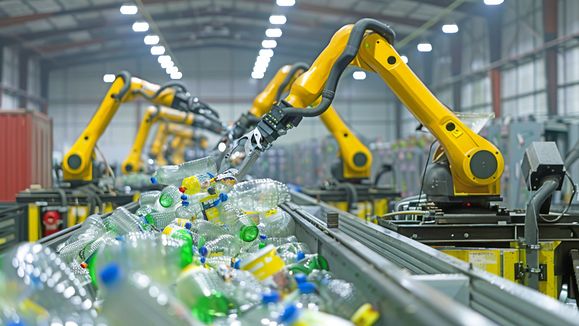 AI Generated Automated recycling facility where robotic arms meticulously sorts recyclables. Intersection of technology and sustainability, efficiency in waste management
