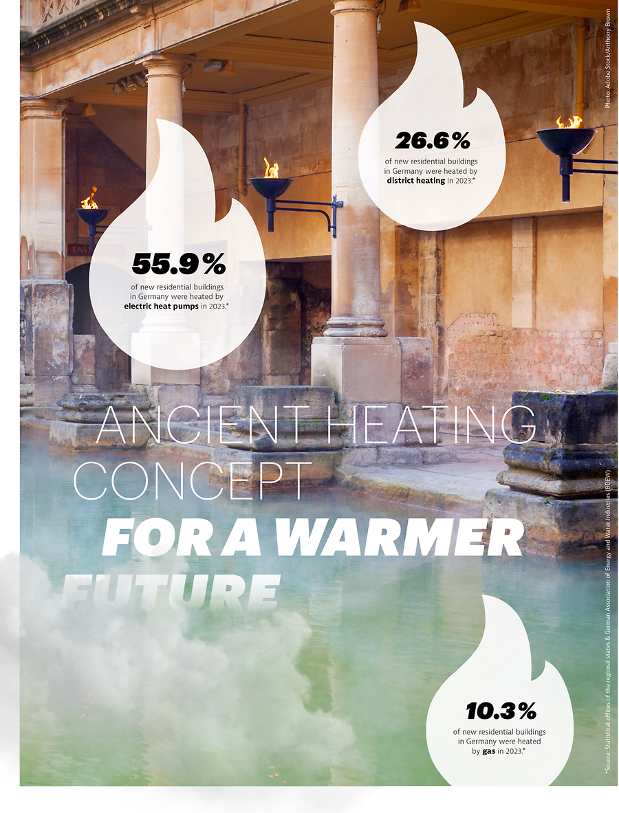 The main pool at the Roman Baths of Acquae Sulis in the city of Bath, UK. Naturally heated water at 46°C gushes up from thermal springs and is piped through the complex. | © Adobe Stock/Anthony Brown; Source: Statistical offices of the regional states & German Association of Energy and Water Industries (BDEW)