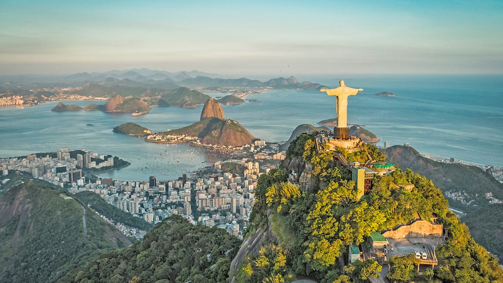 RIO DE JANEIRO, BRAZIL - FEBRUARY 2016: Aerial view of Christ and Botafogo Bay from high angle.