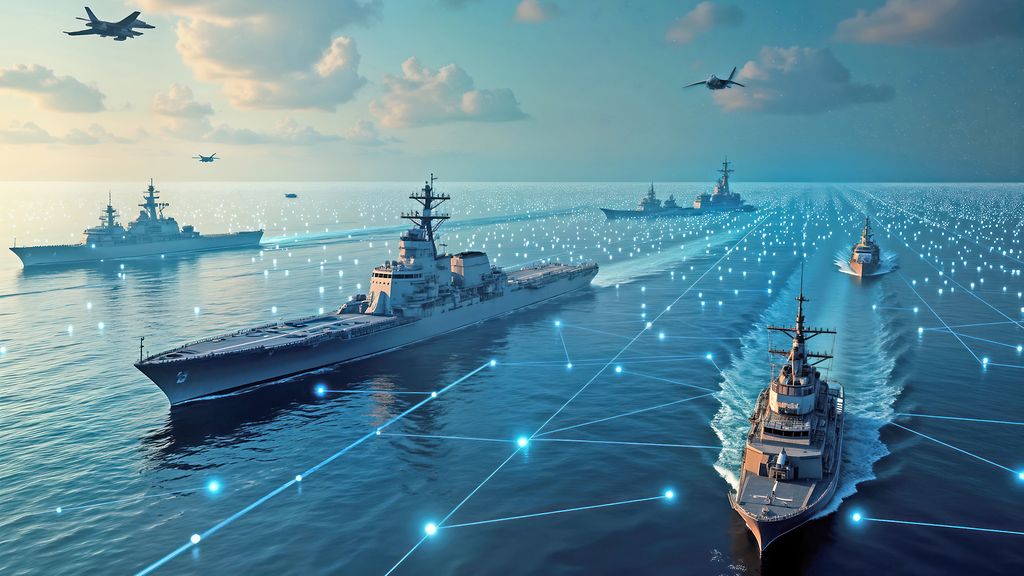 AI generated military assets fighter jets naval ships satellites data links. Ocean scene. Ships connected by, data network. Aerial view. War tech future. Strategic defense. Global power. Military strength.