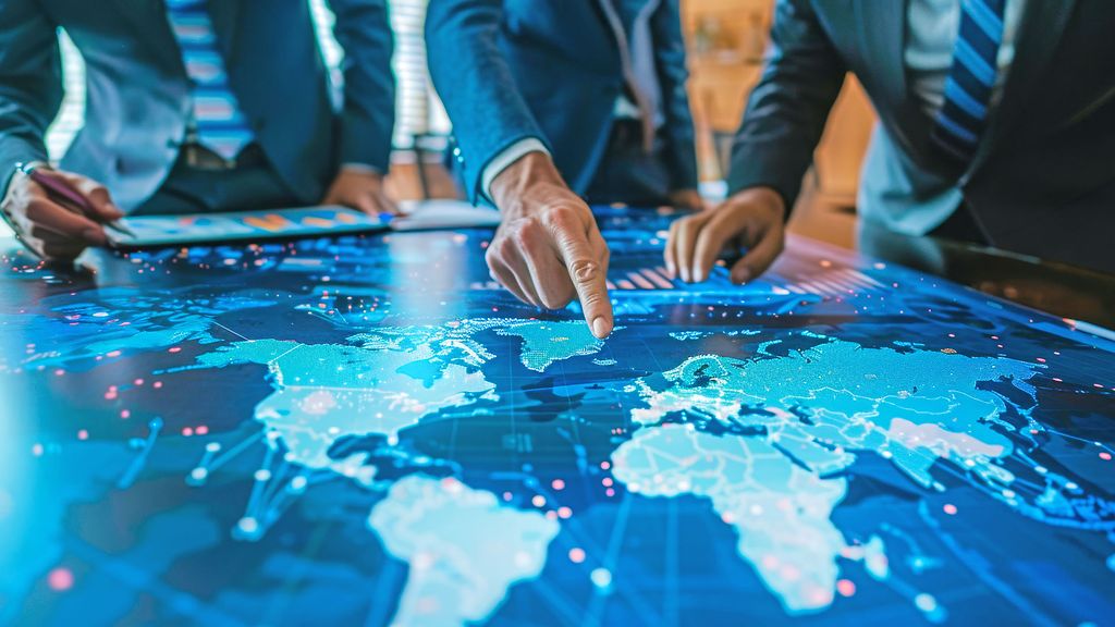 AI generated business Strategy Meeting with Digital Map. Close-up of business professionals analyzing a digital world map on a large interactive screen during a strategy meeting.