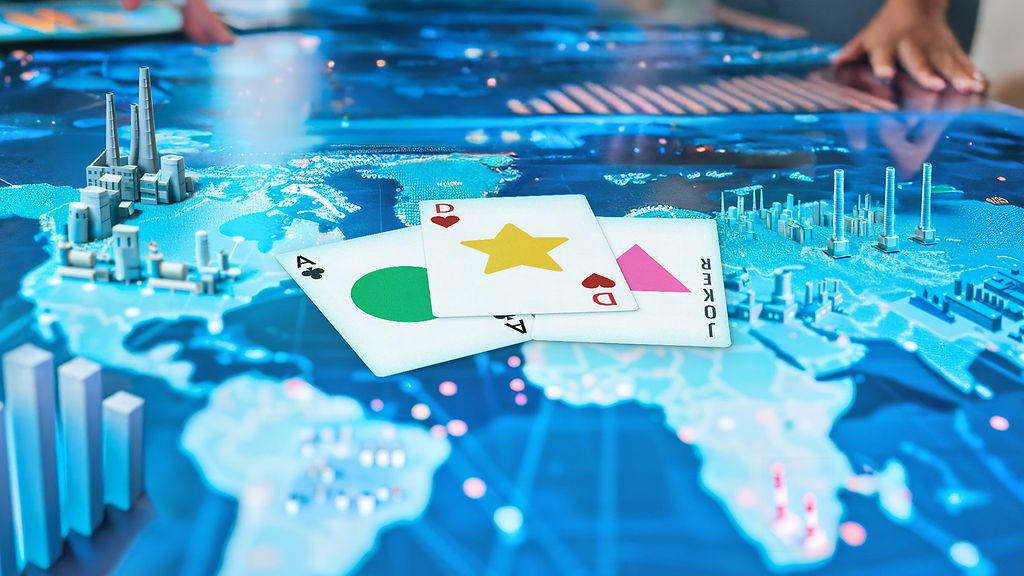 AI generated business Strategy Meeting with Digital Map. Close-up of business professionals analyzing a digital world map on a large interactive screen during a strategy meeting.