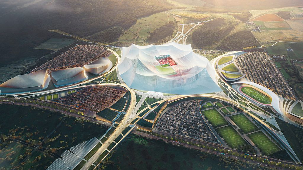 MI_0225_Marokko_Stadion | © picture alliance/Cover Images/Oualalou+Choi and Populous/Cover Images Das Design des neuen marokkanischen Superstadions orientiert sich an traditionellen Festen – „Moussem“ genannt – und den Zeltstädten, die man dafür typischerweise errichtet.