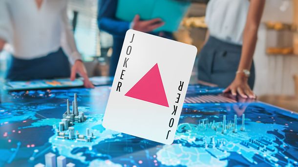 AI generated business Strategy Meeting with Digital Map. Close-up of business professionals analyzing a digital world map on a large interactive screen during a strategy meeting.