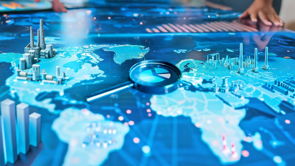 AI generated business Strategy Meeting with Digital Map. Close-up of business professionals analyzing a digital world map on a large interactive screen during a strategy meeting.
