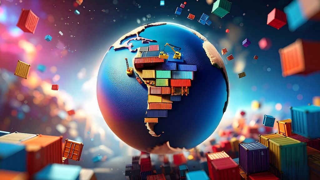AI generated Cluster of colorful stacked shipping container forming latin america on a globe