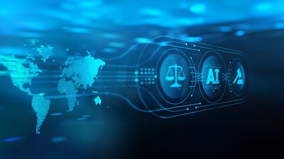 Virtual Screen with Artificial intelligence AI, Justice Scales, and Judge's Gavel.