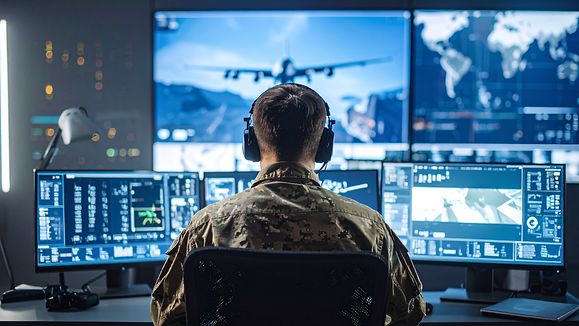 a soldier starring a monitors controling a drone from a tactical control room.