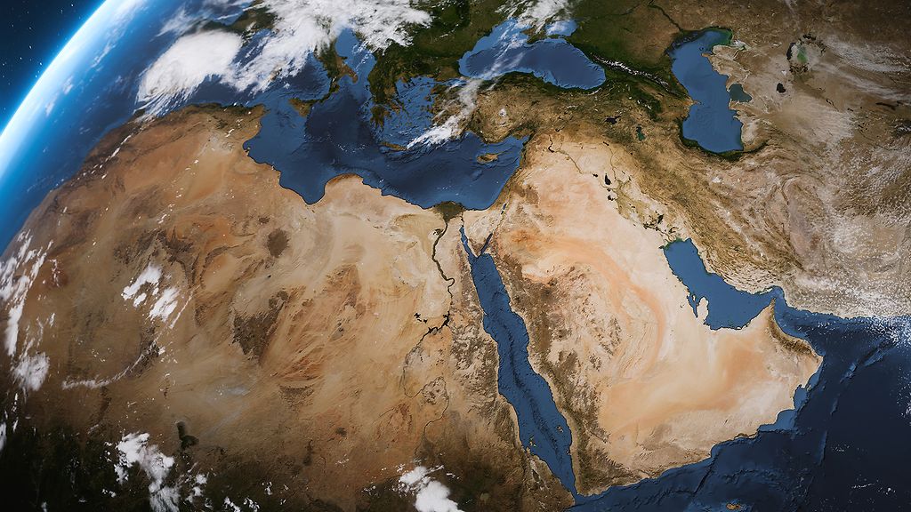 A detailed 3D rendering of planet Earth highlights the Middle East region and the surrounding desert landscapes. Image map textures source: www.solarsystemscope.com