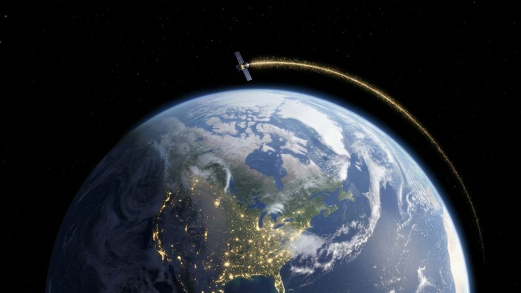Ein Satellit umkreist die Erde und eine Lichtspur markiert seine Umlaufbahn im dunklen Weltraum