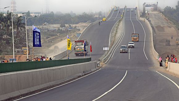 Dhaka 12 March 2020. Bangladesh's first six-lane Dhaka-Mawa-Bhanga expressway on the outskirts of Dhaka. A 55-km long express highway connecting Bangladesh's largest under construction Padma Bridge on the outskirts of capital Dhaka has opened to traffic. 