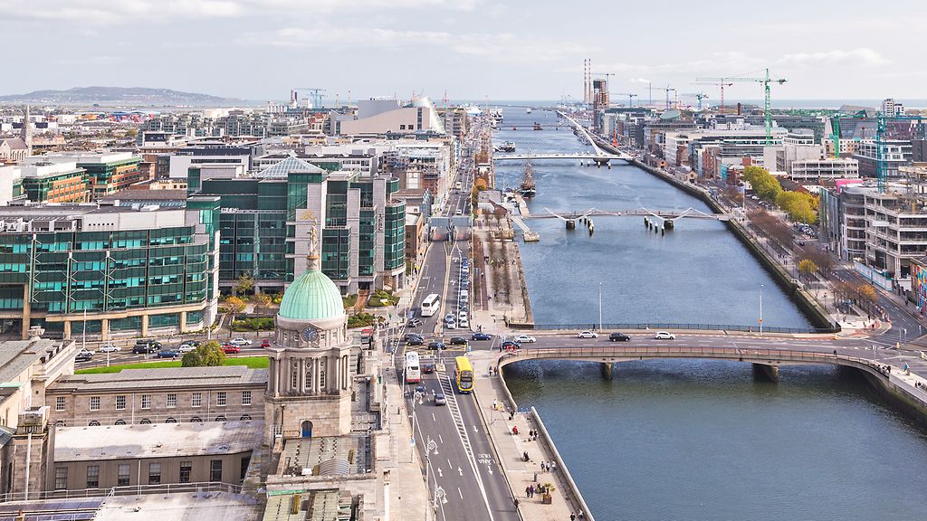 Skyline of Dublin City, Ireland. Looking from Liberty Hall towards the Custom House and docklands area of the city.