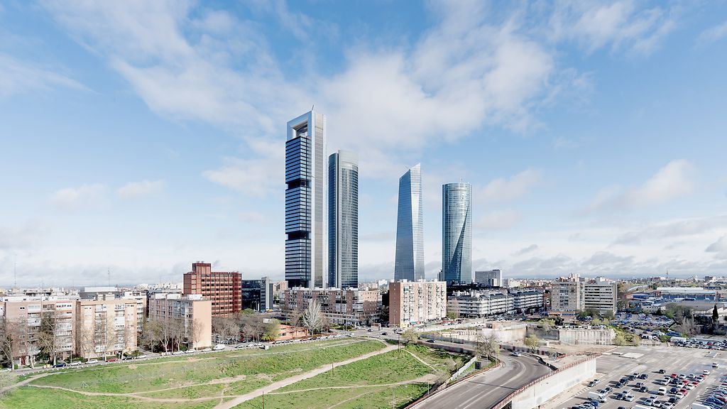 Madrid cityscape at daytime. Landscape of Madrid business building at Four Tower. Modern high building in business district area at Spain. 