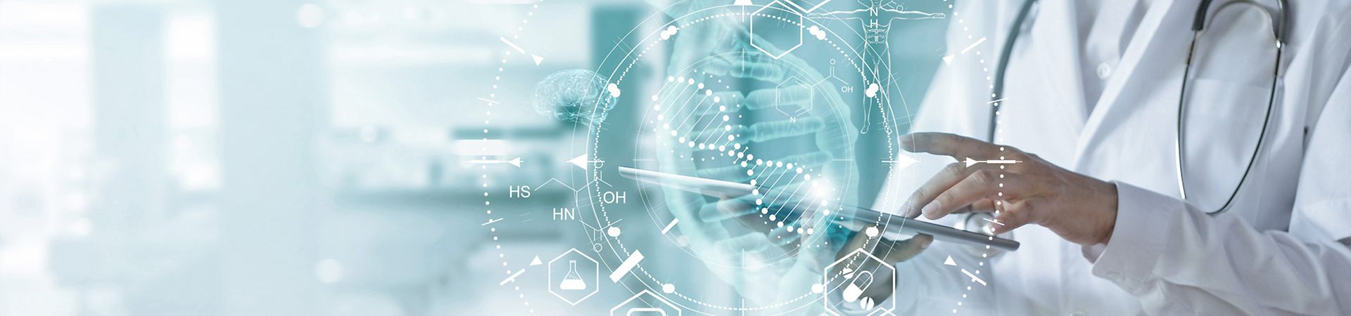 Medicine doctor touching electronic medical record on tablet. DNA. Digital healthcare and network connection on hologram modern virtual screen interface, medical technology and futuristic concept.