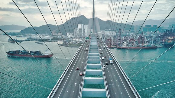 Bridge in Hong Kong and Container Cargo freight ship, Hongkong, Bruecke, Containerladung, Frachtschiff