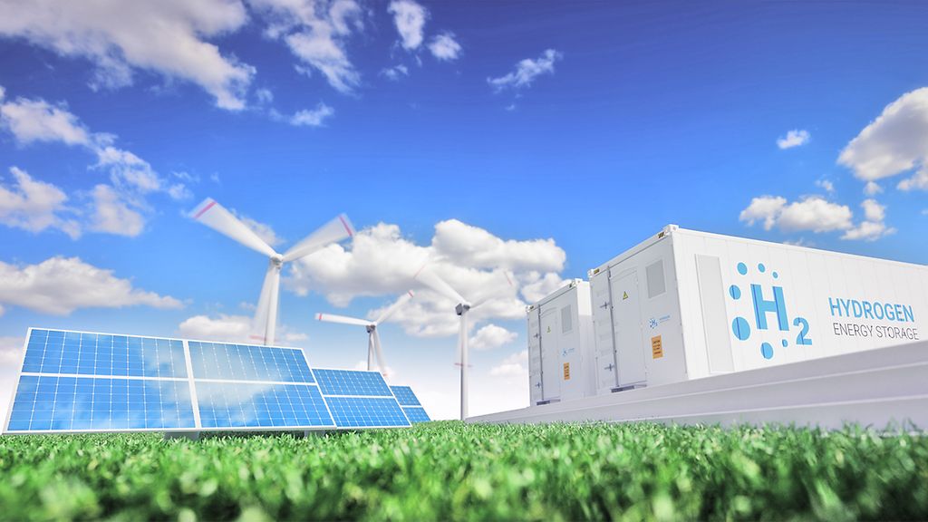 Wasserstoff | © GettyImages/Petmal Ecology energy solution. Power to gas concept. Hydrogen energy storage with renewable energy sources - photovoltaic and wind turbine power plant in a fresh nature. 3d rendering.