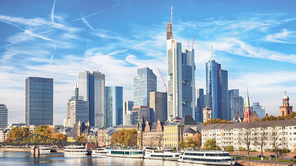 Skyline cityscape of Frankfurt, Germany during sunny day. Frankfurt Main in a financial capital of Europe