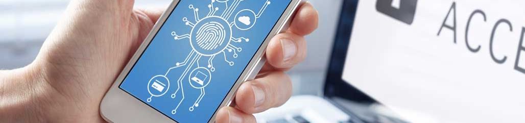 Mobile phone cyber security concept with a person showing smartphone screen, cybersecurity diagram and icons with microchip shape and fingerprint biometrics