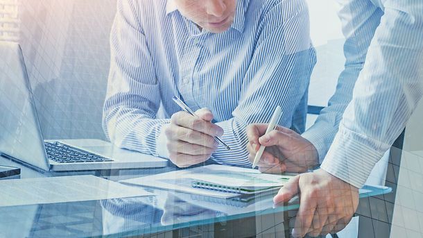 team of business people working together in the office, teamwork background banner, double exposure