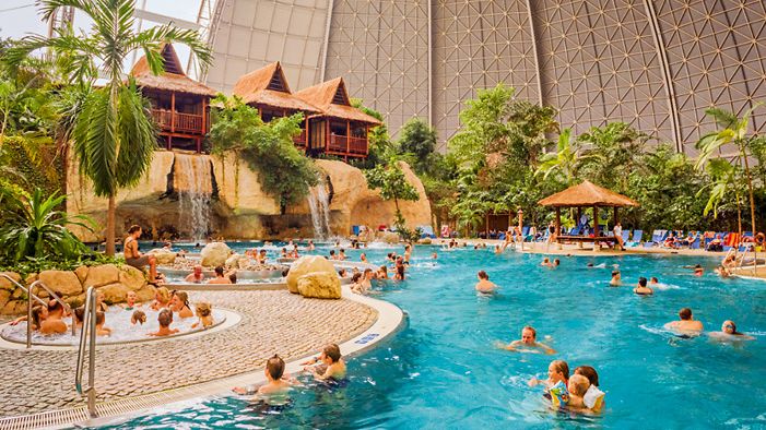 The blue lagoon at Tropical Island Berlin, a vast climate-controlled dome which has been basking in its own success since 2004.