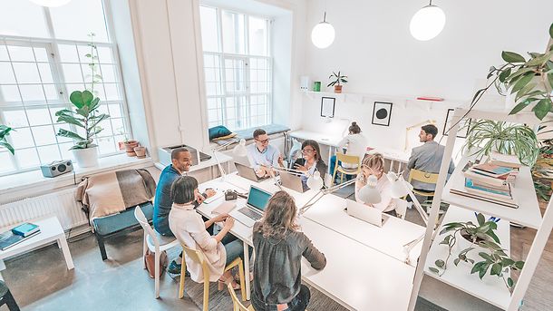 Coworkers working in modern co-working space in Scandinavia. Multi-ethnic group of young business professionals, start-up establishers, freelancers working and developing together.