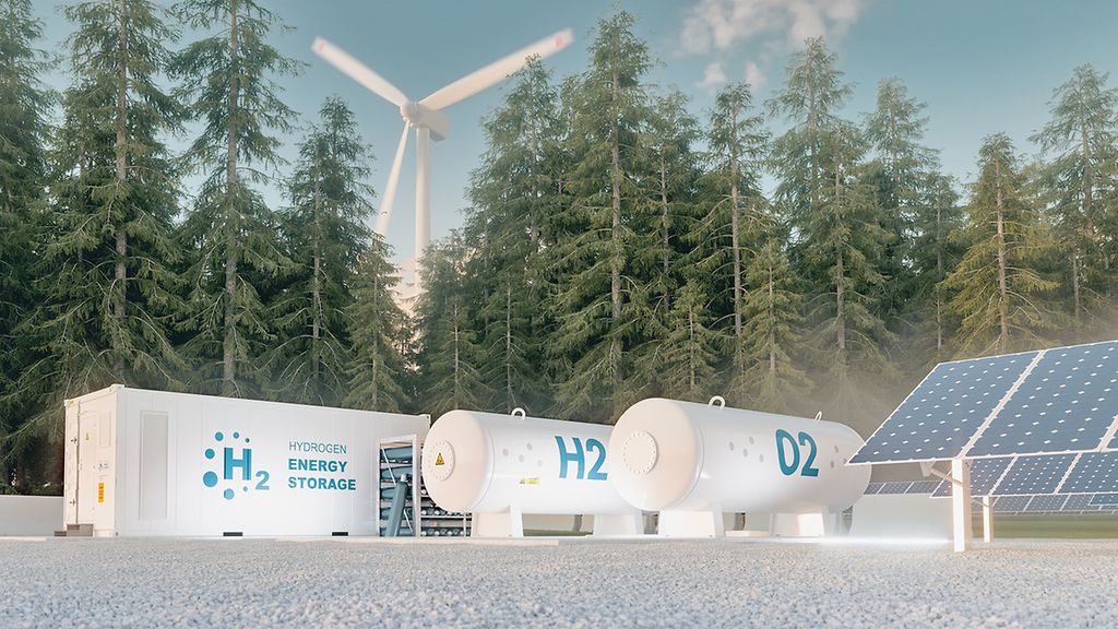 Concept of hydrogen energy storage from renewable sources - wind turbines and photovoltaics. 3d rendering | © GettyImages/Petmal Concept of hydrogen energy storage from renewable sources - wind turbines and photovoltaics. 3d rendering