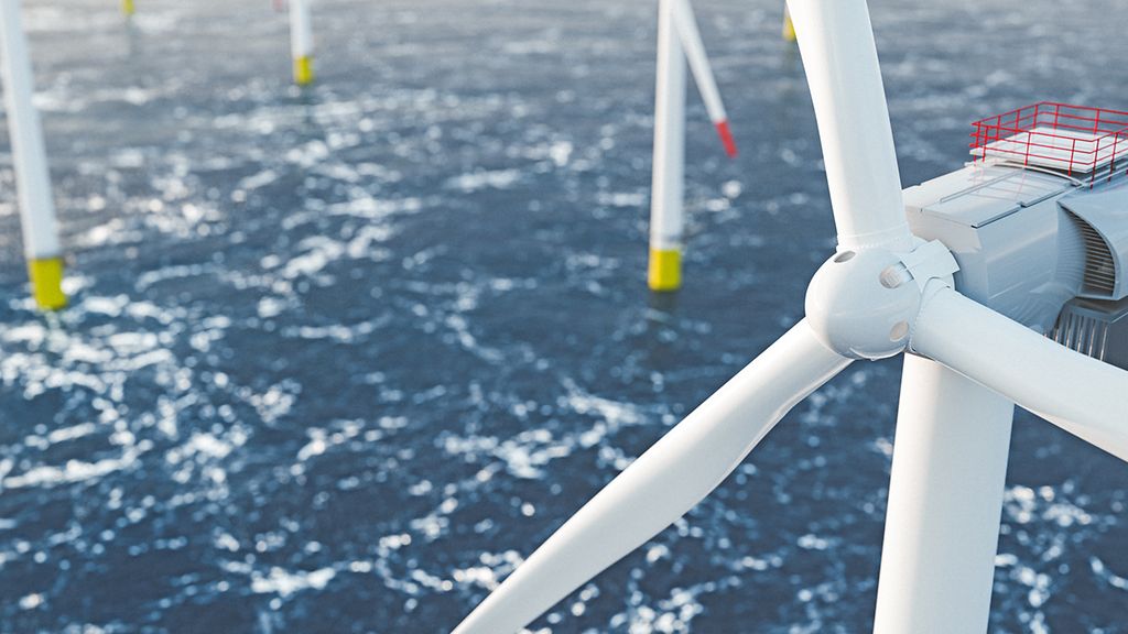Offshore wind power and energy farm with many wind turbines on the ocean. Sustainable electricity production