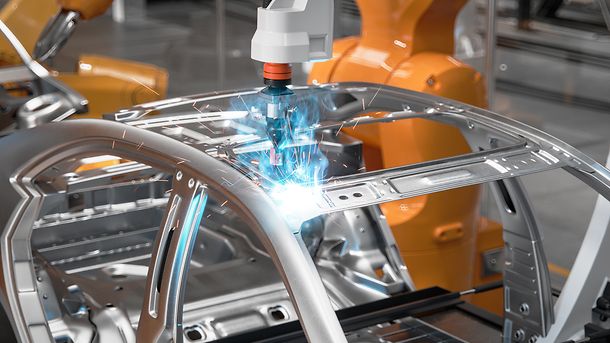 3D rendering of a car frame on a conveyor at the automobile plant with spot welding robots. Automated welding line with robotic welders in car factory, Roboterschweißen, Autofabrik